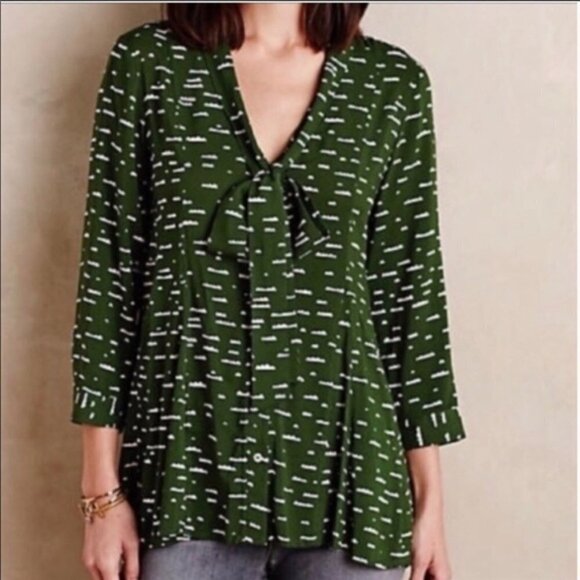 ✅ANTHROPOLOGIE Maeve Cloud Watching Printed Tie Front Blouse. GREEN SMALL - Picture 1 of 7